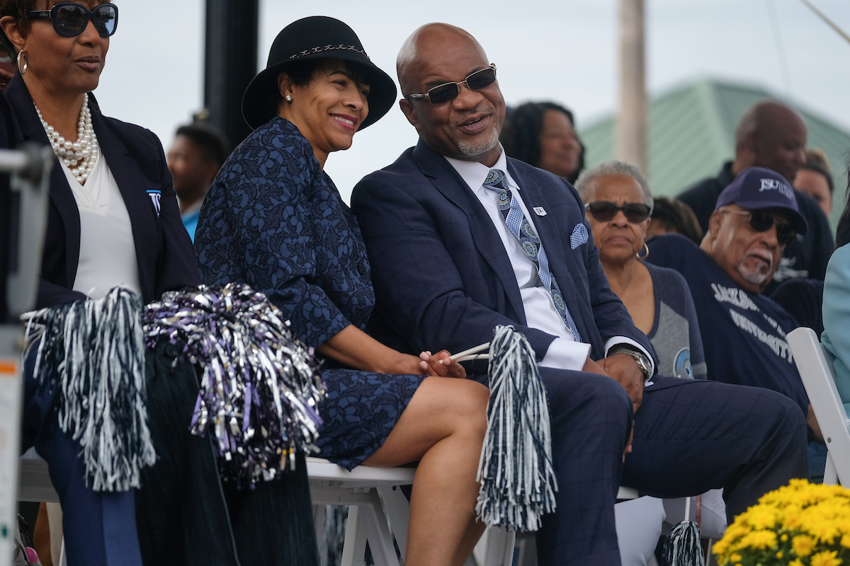 JSU President William B. Bynum Jr. and wife Deborah are amused by the slew of talent. (Photo by Charles A. Smith)