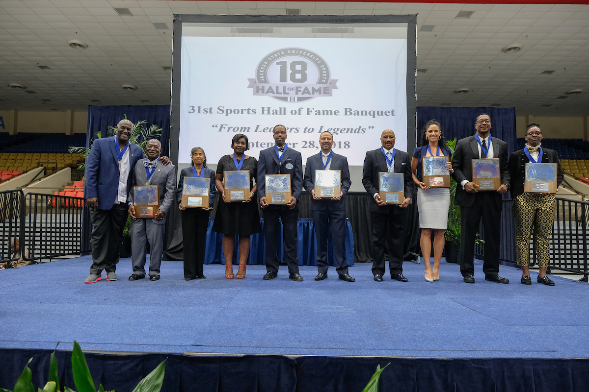 “From Leaders to Legends:” Honorees showcase their plaques and medallions during the 31st Sports Hall of Fame Banquet. The event was held Friday, Sept. 28, in the Lee E. Williams Athletics and Assembly Center. (Photo by Charles A. Smith)