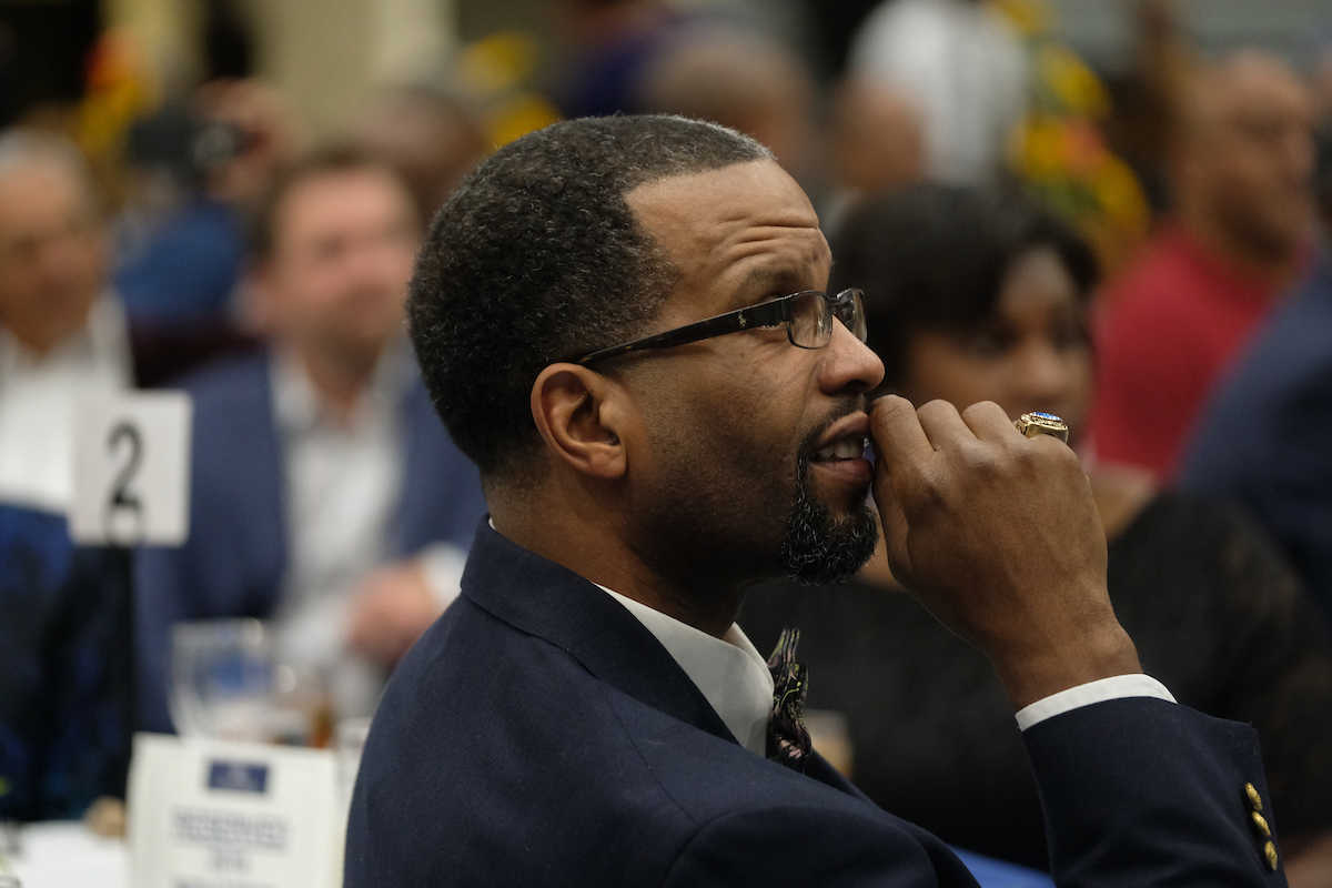 Kevin Dent reflects on the induction ceremony as he shares the spotlight with other honorees. He said his most memorable moment as a JSU athlete was having an undefeated season and never losing a SWAC game in all the years he played football at the HBCU. (Photo by Charles A. Smith)