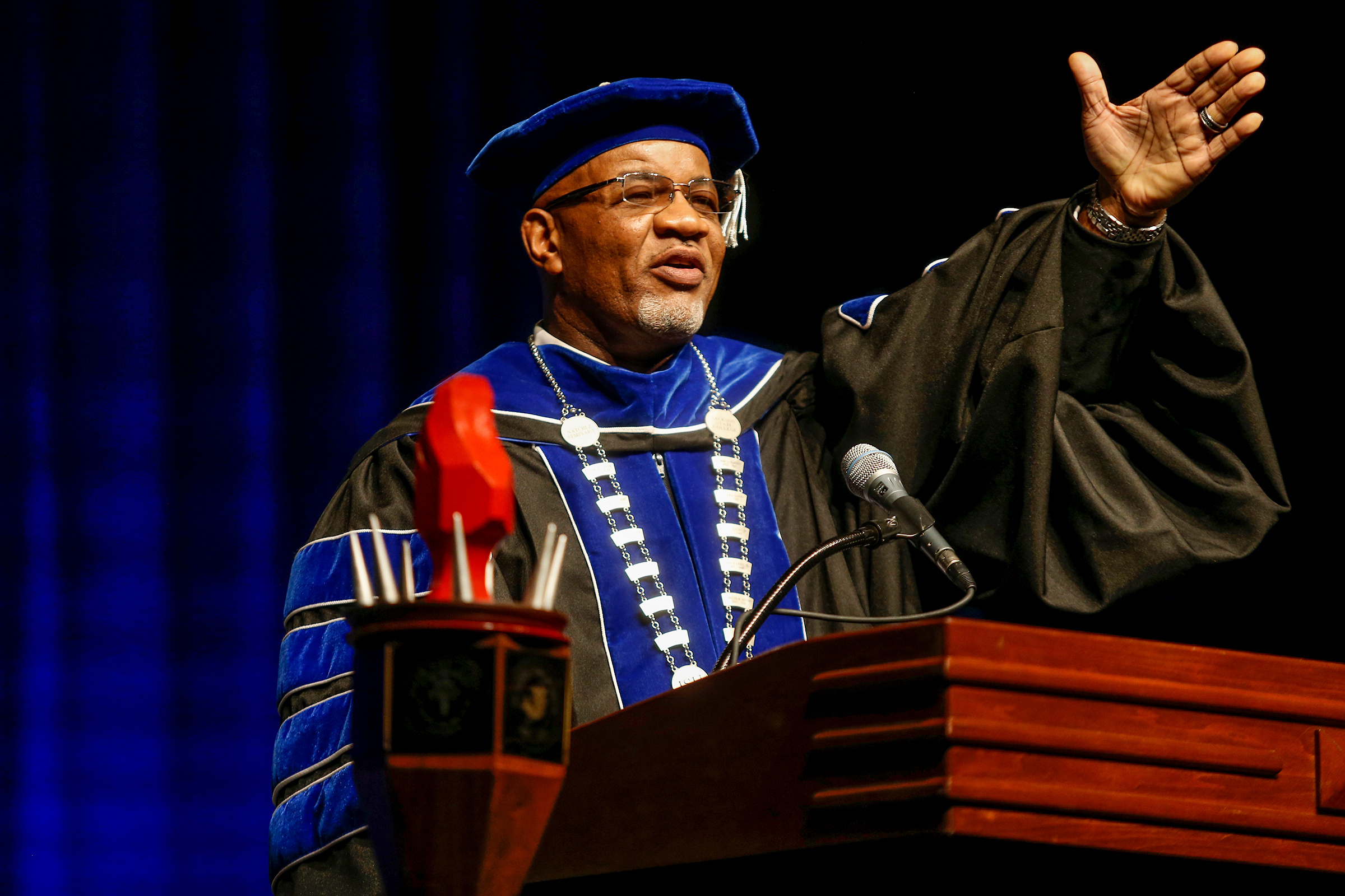 "At the end of the day, I’m so thankful to receive this medallion. Like the old saying goes: ‘It doesn’t mean a thing until you have the bling,’" joked Dr. William B. Bynum Jr. after he was formally installed as the 11th president of Jackson State University during his investiture service at Rose E. McCoy Auditorium on Thursday, Oct. 11. (Photo by Charles A. Smith/JSU)
