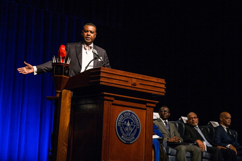 Rickey D. Robinson, long-time mentee of Dr. William B. Bynum Jr., met the president at Clark Atlanta University. Robinson recited Langston Hughes poem 'A Mother to Her Son' before saying "life for Dr. Bynum ain't been no crystal stair." (Photo by Aron Smith/JSU)