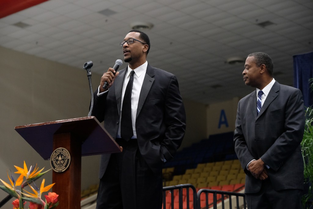 Eric Strothers described his experience of playing alongside Lindsey Hunter, a JSU Hall of Famer and former Detroit Pistons. Strothers’ scoring average placed him in the JSU 1,000 Points Club. (Photo by Charles A. Smith)