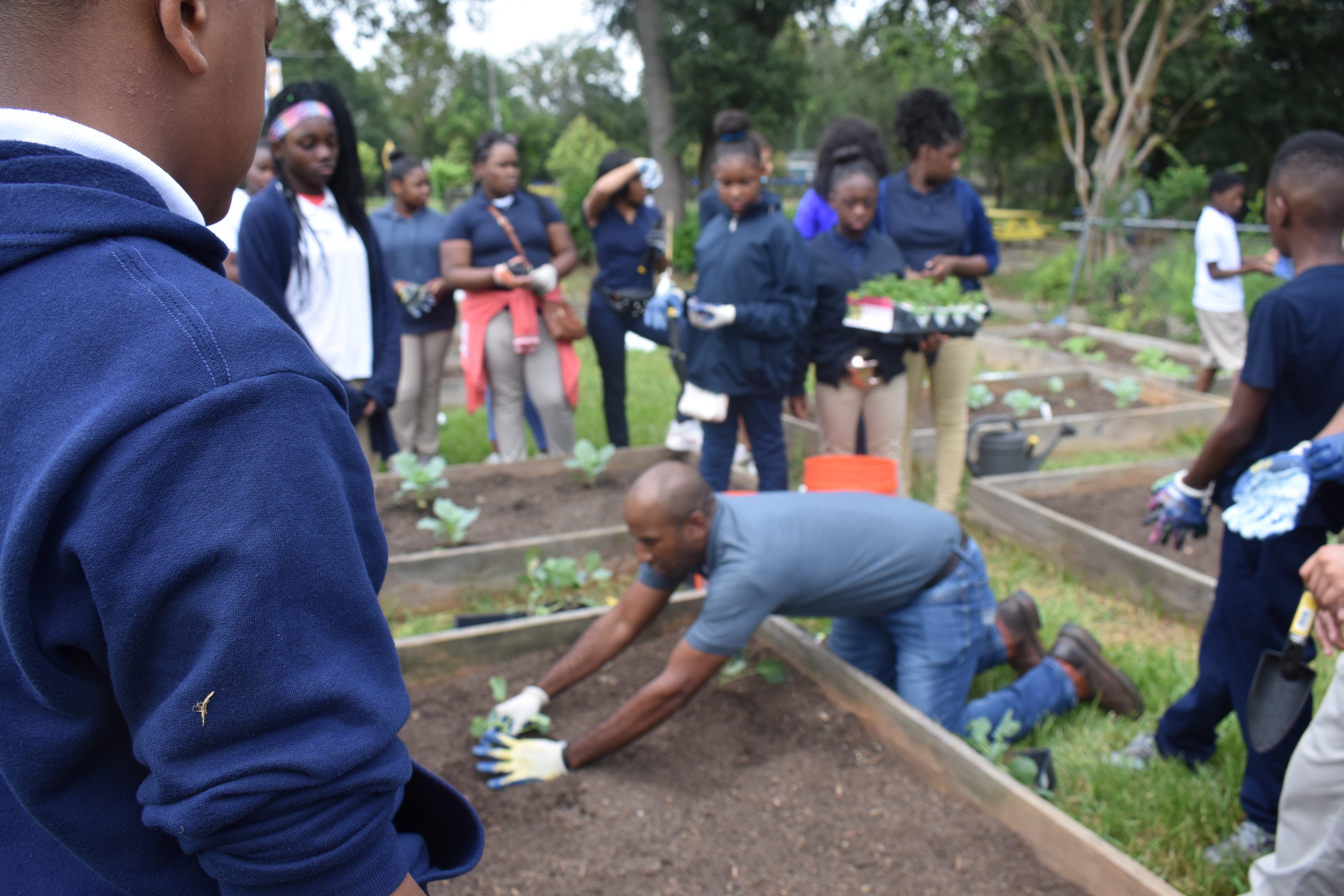 A gardener teaches students the proper way to plant crops.