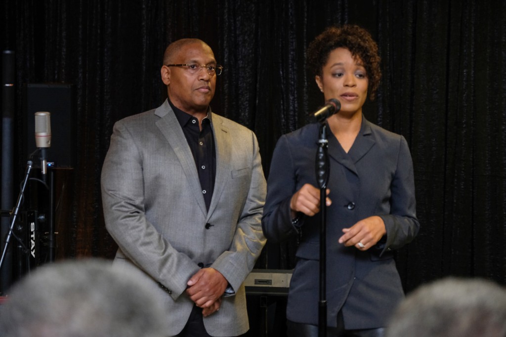 Shonda McCarthy, director of JSU art galleries, spent 2 years persuading Darryl Porter, general manager of the Miles Davis estate, to bring the exhibit to the HBCU. Porter, a producer of the 2015 film Miles Ahead, also helped to bring movies Menace to Society and Dead Presidents to the big screen. Earlier in the day, he spoke to JSU students regarding career opportunities; offered advice and answered questions. (Photo by Charles A. Smith/JSU)
