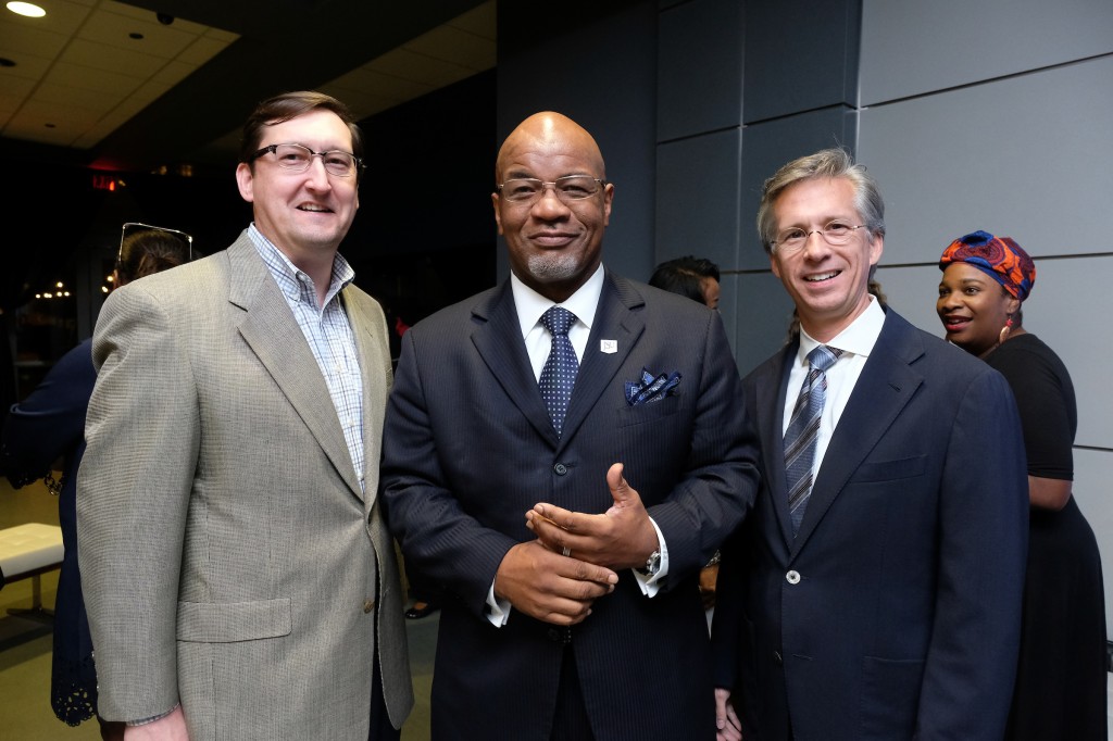 Dr. William B. Bynum Jr., poses with brothers John Flynt (far left) and Mayo Flynt, president of AT&T Mississippi, (far right). Mayo Flynt credits his brother John for introducing him to the music of Miles Davis. Both brothers expressed their pleasure that the exhibit is now a feature of the capitol city and JSU. (Photo by Charles A. Smith/JSU)