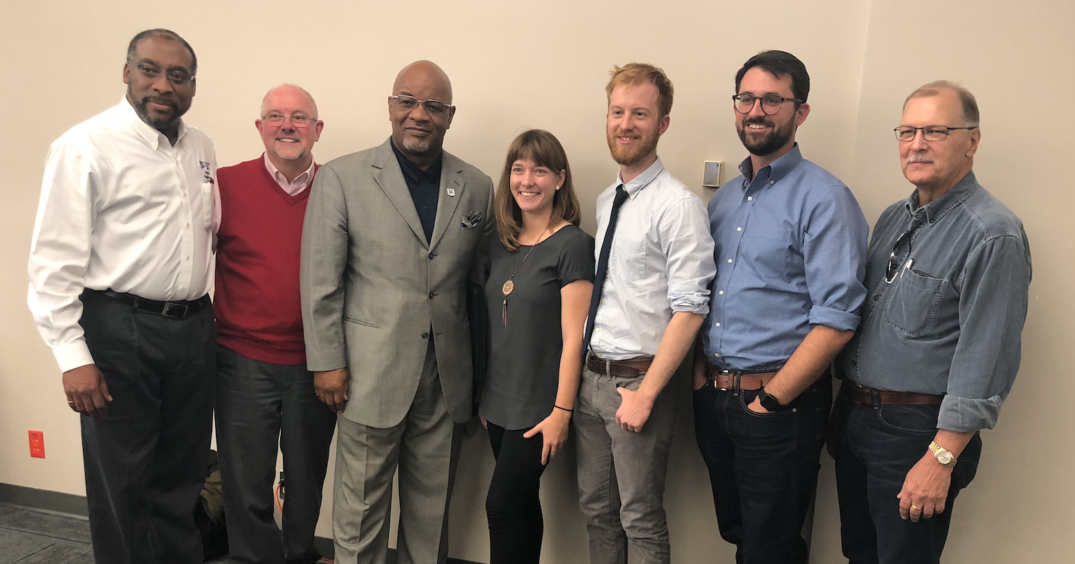 JSU President William B. Bynum Jr. welcomes guests participating in research being conducted by minority-serving institutions. Joining Bynum are JSU provost Dr. Joseph A. Whittaker, left, Dr. Scott Poole, Luisa Ruge-Jones, Samuel R. Wilson, Dr. William Barley and Dr. John R. Mader. Aside from JSU, participates represent University of Texas Rio Grande Valley; University of Puerto Rico; California State University, Fresno, and University of Illinois at Urbana-Champaign. (Photo by L.A. Warren/JSU)