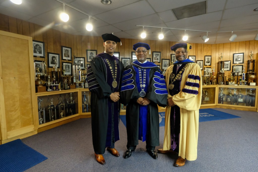 Dr. William B. Bynum, Jr., president of JSU poses with recent doctoral graduates Dr. Herman Felton, Jr., president of Wiley College and Dr. George French, president of Miles College. (Charles A. Smith/University Communications)