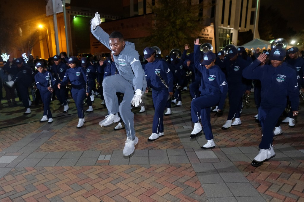 The Sonic Boom adds a special twist to the holiday event on the Gibbs-Green Memorial Plaza. (Photo by Charles A. Smith/JSU)