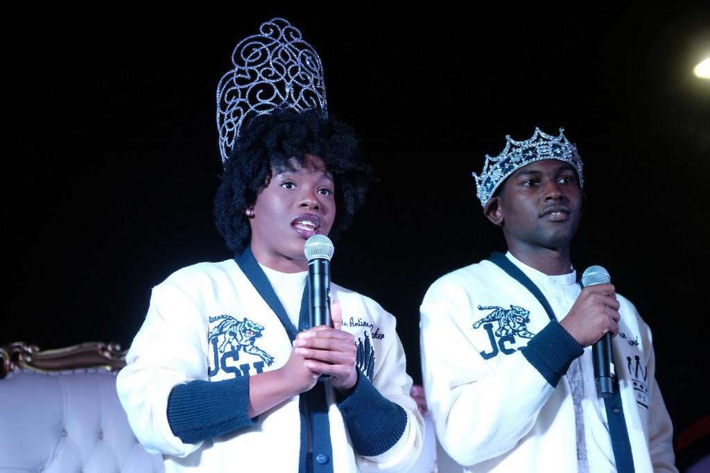 Mister JSU Darrian Johnson and Miss JSU Gabrielle Baker delivered messages of joy and peace to the crowd. (Photo by Charles A. Smith/JSU)