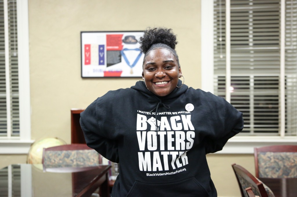 Keanne Williams, a senior childcare and family education major, is president of GIRL (Gathering Information Related to Ladies). The group addresses issues that young women face on college campuses and throughout the community. GIRL helped to bring actress/political advocate Alexander to JSU to encourage voting. (Photo by Kentrice S. Rush/JSU)