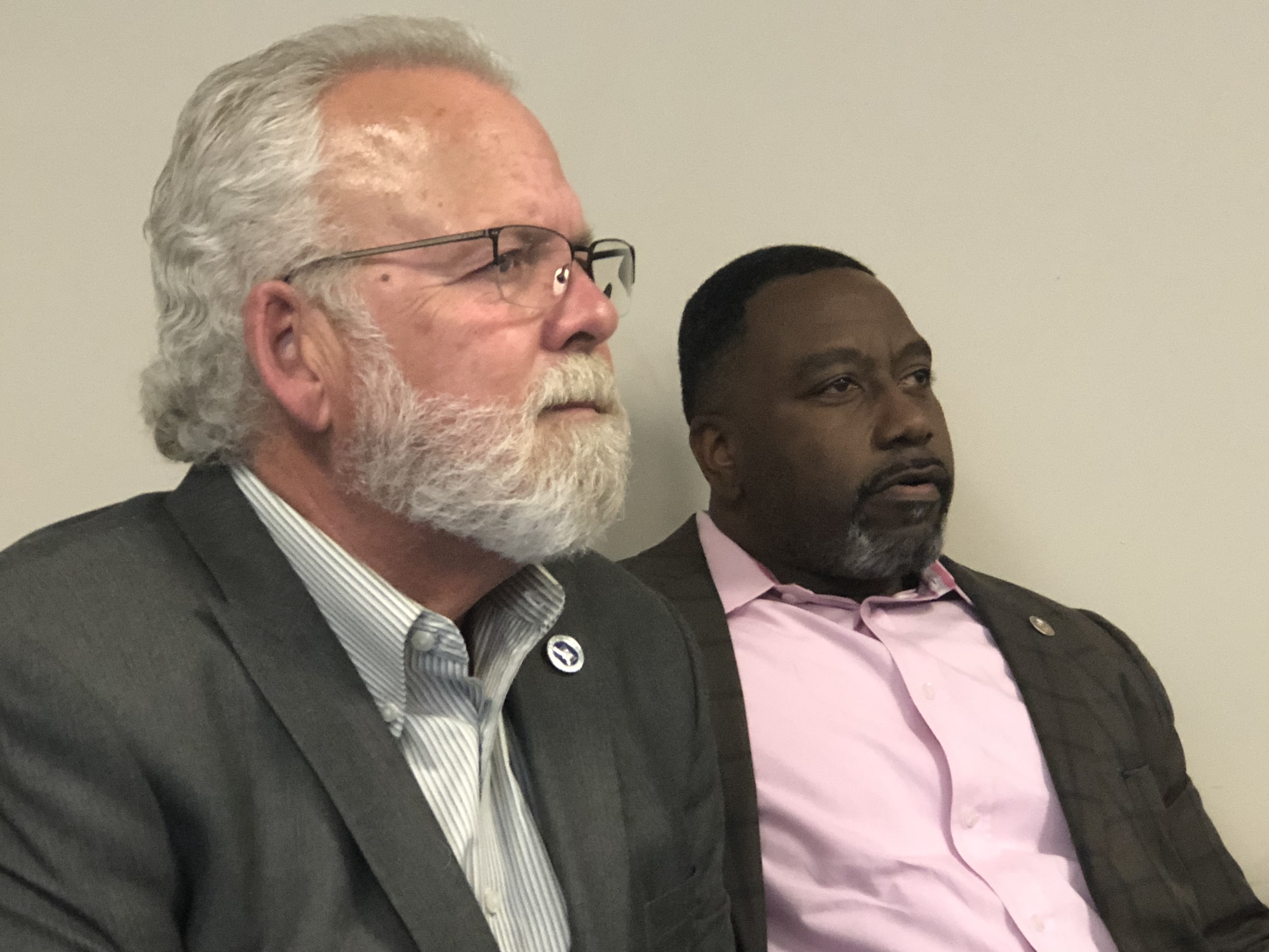 Mississippi agency leaders Parker, left, and Steven Maxwell, deputy director of the Mississippi Bureau of Narcotics, provided dire statistics about opioids. Maxwell told the audience that although the U.S. comprises only five percent of the world’s population, it consumes 80 percent of all the opioids manufactured in the entire world. (Photo by L.A. Warren/JSU)