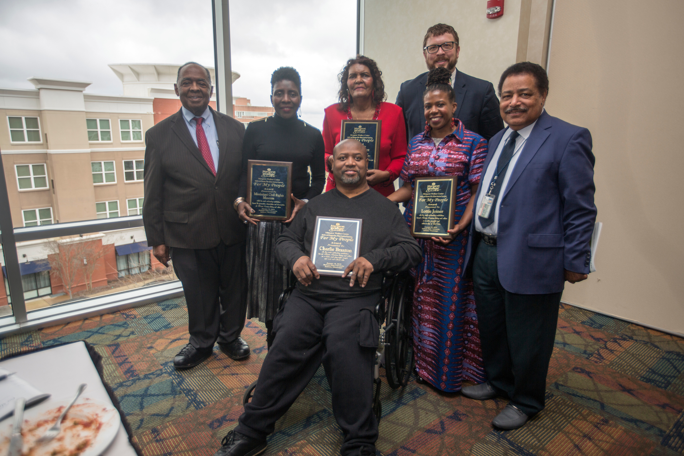 From left to right: Dr. Robert Smith, advisory board chair for the Margaret Walker Center; Pamela Junior, director of the Mississippi Civil Rights Museum; Grace Sweet co-author of Church Street: The Sugar Hill of Jackson, Mississippi; Dr. Robert Luckett, director of the Margaret Walker Center; Lottie Joiner, JSU alum and editor-in-chief of The Crisis Magazine; Dr. Mario Azevedo, dean of the College of Liberal Arts; and Charlie Braxton, writer and cultural critic. (Benjamin Bradley not pictured) (Photo by Charles A. Smith/JSU)