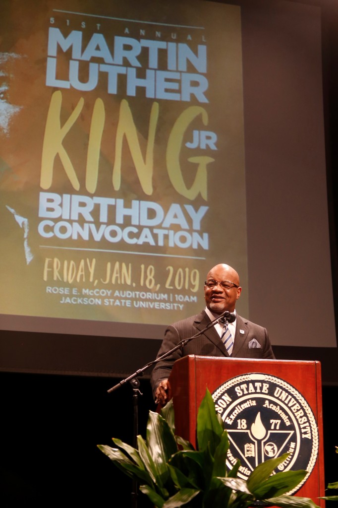 "We are proud of the fact that we have one of the longest-serving MLK celebrations in the country. We thank Margaret Walker and the Margaret Walker Center for continuing the tradition at this great institution," Dr. William B. Bynum Jr., 11th president of JSU, told the audience inside of the Rose E. McCoy Auditorium. (Photo by Charles A. Smith/JSU)