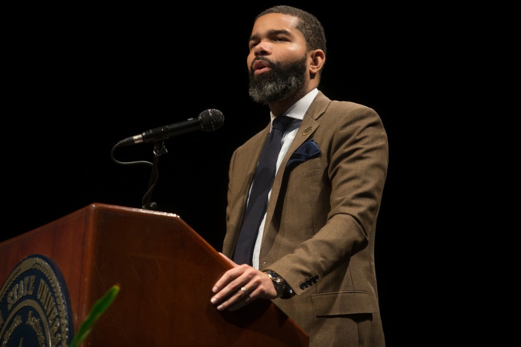 Chokwe Lumumba, mayor of the city of Jackson, offered greetings at the 51st Annual Martin Luther King Jr., Birthday Convocation at JSU. (Photo by Charles A. Smith/JSU)