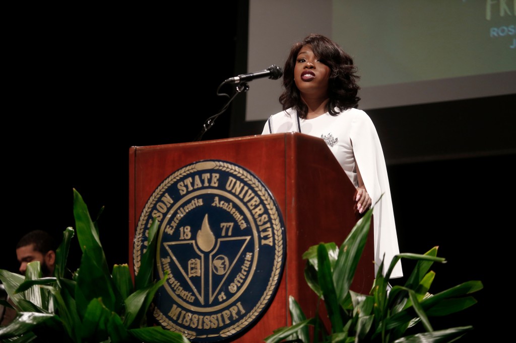 Gabrielle Baker, Miss Jackson State University, presents greetings on behalf of the student body. (Photo by Charles A. Smith/JSU)