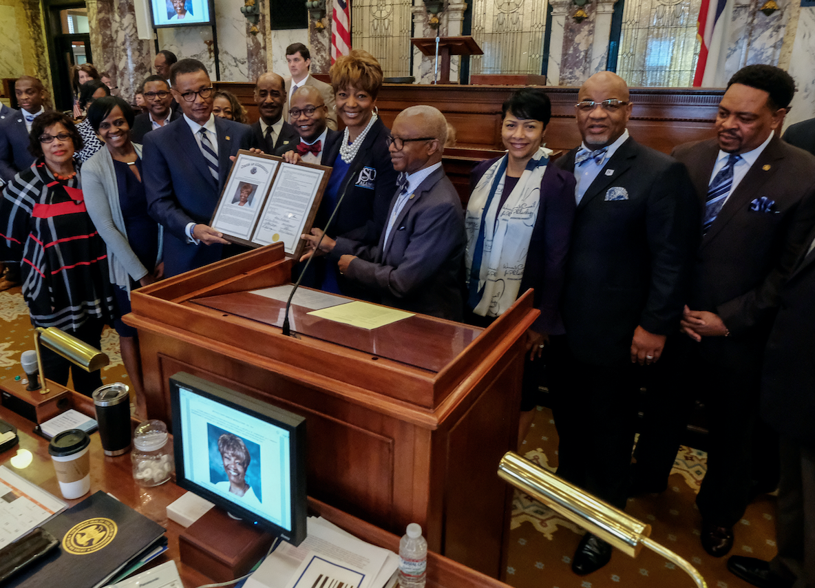 JSUNAA President Dr. Earlexia Norwood receives her proclamation from the MS Senate along side JSU President, Dr. William B. Bynum, Jr., First Lady Deborah Bynum and other prestigious JSU alumni. (Photo by: Charles A. Smith/University Communications)