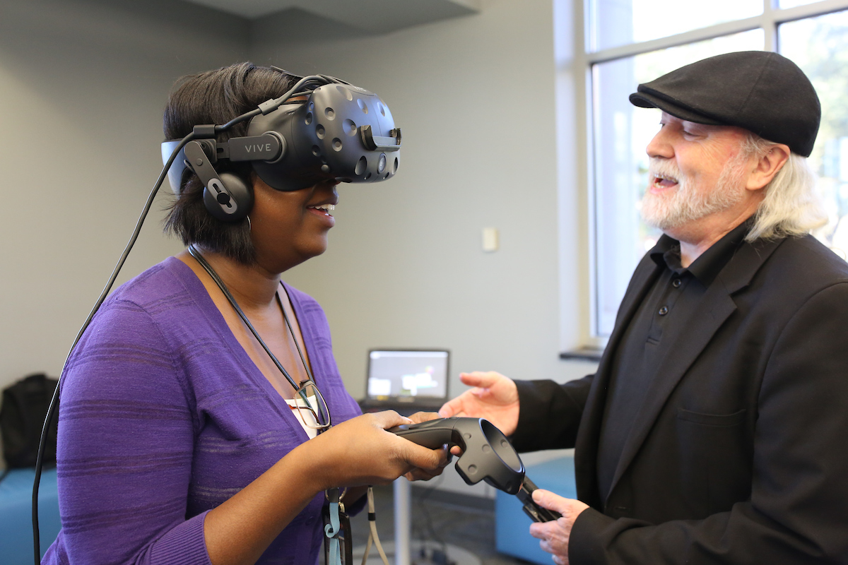 Vince Jordan heads the virtual reality company Lobaki. He prepares to take a JSU employee on an adventure. (Photo by Aron Smith/JSU)