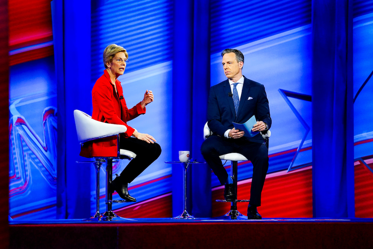 U.S. Sen. Elizabeth Warren addresses the audience during a live town hall forum inside JSU’s Rose E. McCoy Auditorium with CNN anchor Jake Tapper. (Photo courtesy of CNN)