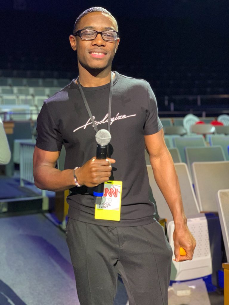 Clement Gibson, a senior from Minneapolis, described his experience of working with CNN for the live broadcast as a “perfect opportunity” because he’s an aspiring filmmaker. He also helped set up Warren’s dressing room. (Special to University Communications)