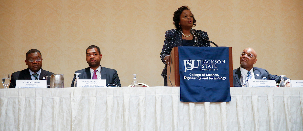 Dr. Lynda Brown-Wright is provost and vice president for Academic Affairs at JSU. She greets participants representing numerous nations who brought their research to Jackson. (Photo by Charles A. Smith/JSU)