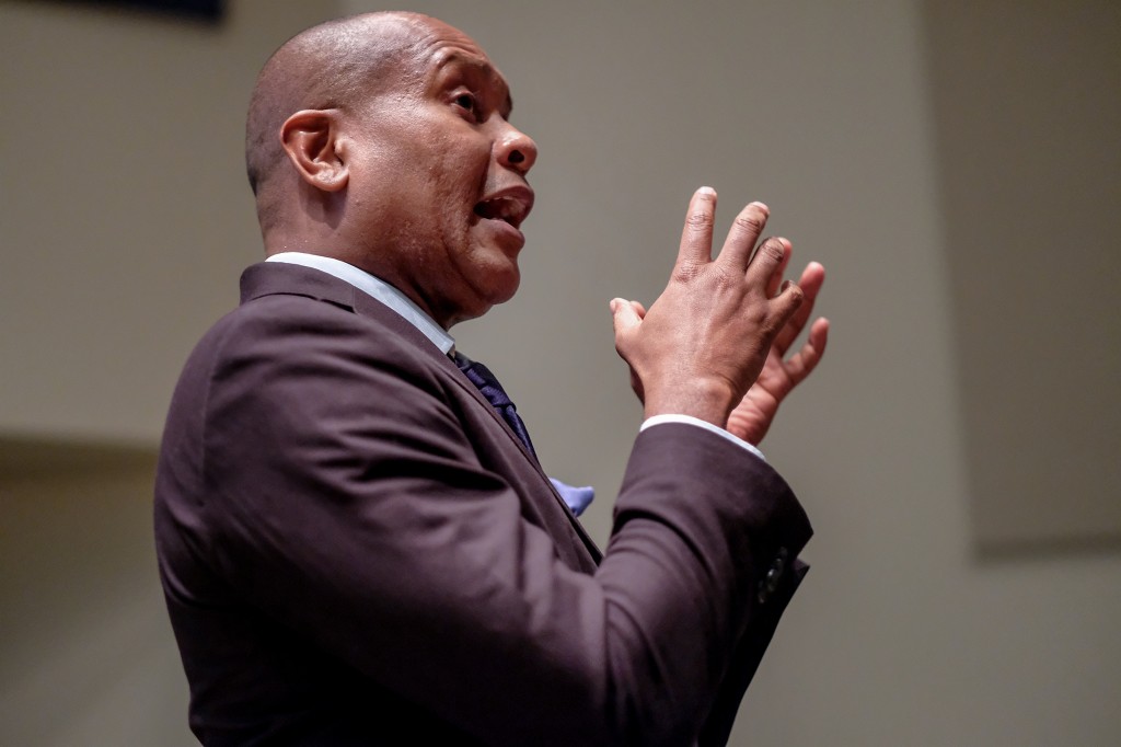 Kevin Powell, political activist, poet, author, and entrepreneur, talks about the importance of black people reading, studying and traveling to arrive at a broader sense of self. (Photo by Charles A. Smith/JSU)