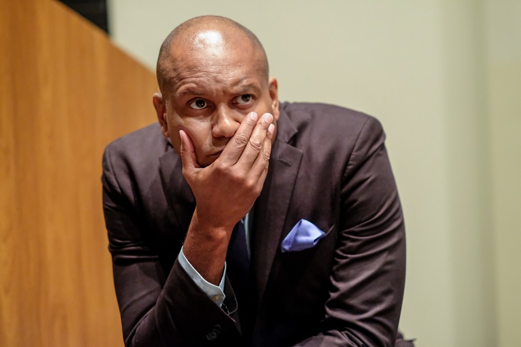 Kevin Powell, one of the keynote speakers for the Creative Arts Festival on April 13, listens intently as an audience member asks a question. (Photo by Charles A. Smith/JSU)