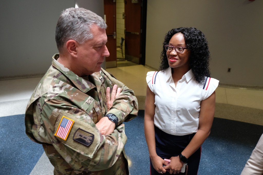 les greets prospective JSU student Bridget Jones, 22, from Utica. She plans to be among the first to take advantage of the Tiger Free Tuition Program. Jones said she heard about program on Facebook and immediately contacted JSU’s Veterans and Military Center, which invited her to the signing to learn more information. (Photo by Charles A. Smith/JSU)