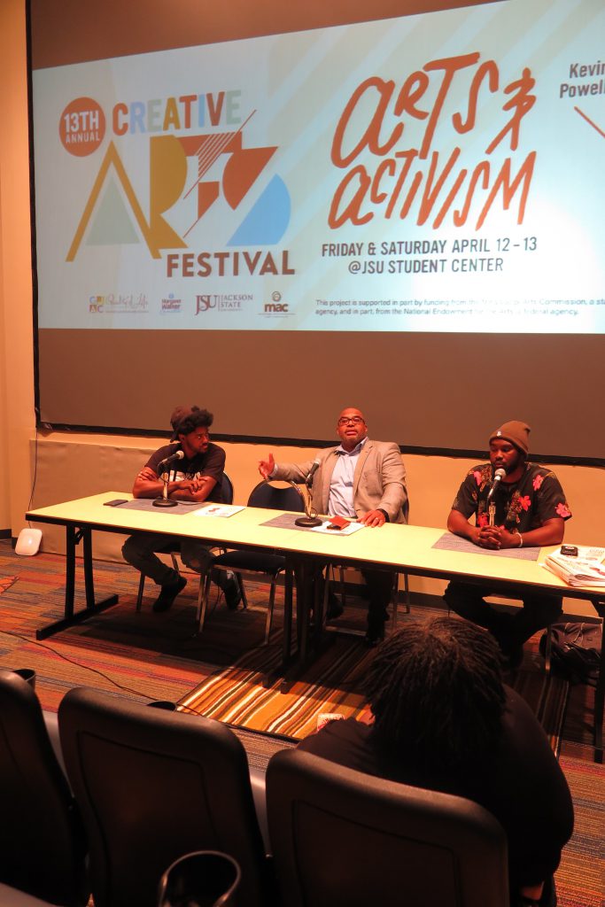 Panelists (left to right) Phillip Rollins, DJ and owner of Offbeat, Jesse Holland, noted author and journalist, and Justin Ransburg, visual artist, discussed the importance of being diligent and seizing opportunities as artists and activist on April 13. (Photo by Rachel James-Terry)