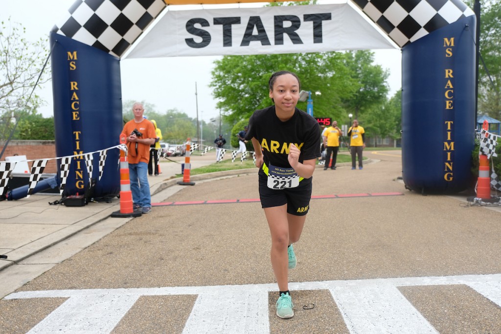 Women’s winner Logan Nave is a 19-year-old JSU junior psychology major from Meridian. The JSU cadet said, “I expected not to quit, but I didn’t expect to be the first among females. Three miles is longer than you think. This is my first race. I know that the cause behind this race is very important. I wanted to come out to bring awareness about health and the Army.” (Photo by Aron Smith/JSU)