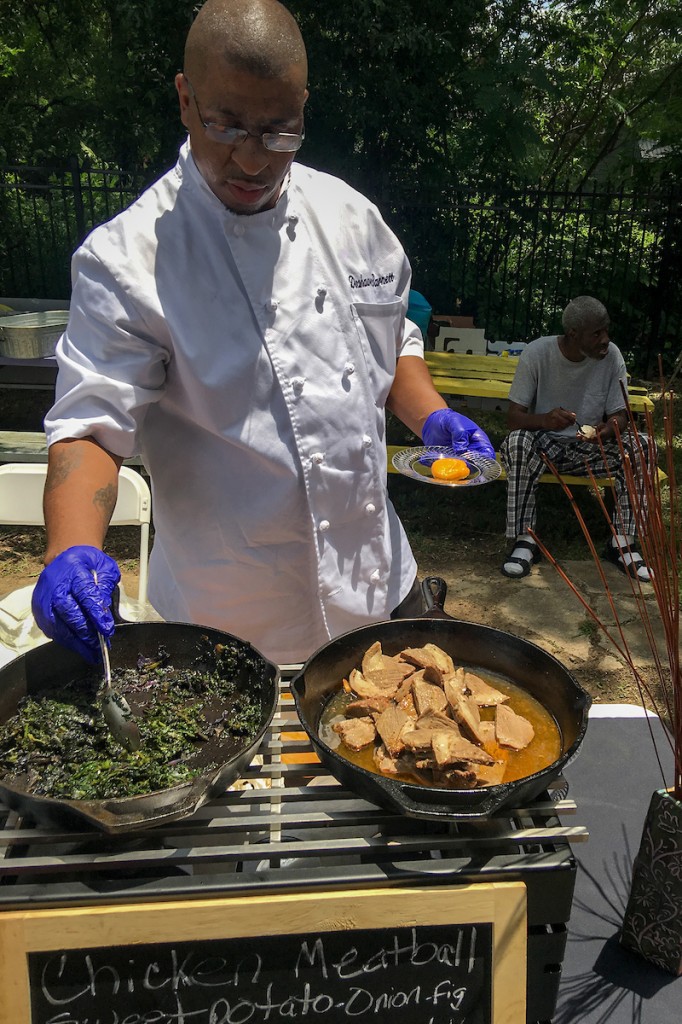 Patrons, staffers and other guests were served a small portion of chicken meatballs, kale, sweet potatoes and nut roll with Chantilly crème during a cooking demonstration. (Photo by Charles A. Smith/JSU)