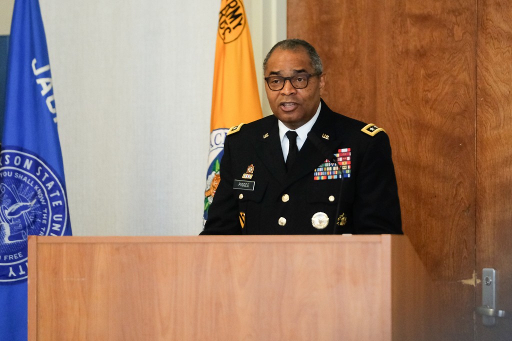 Gen. Aundre F. Piggee, deputy chief of Staff, G-4, United States Army, served as keynote for the commissioning ceremony hosted by the College of Liberal Arts on May 2. (Photo by Charles A. Smith/JSU)