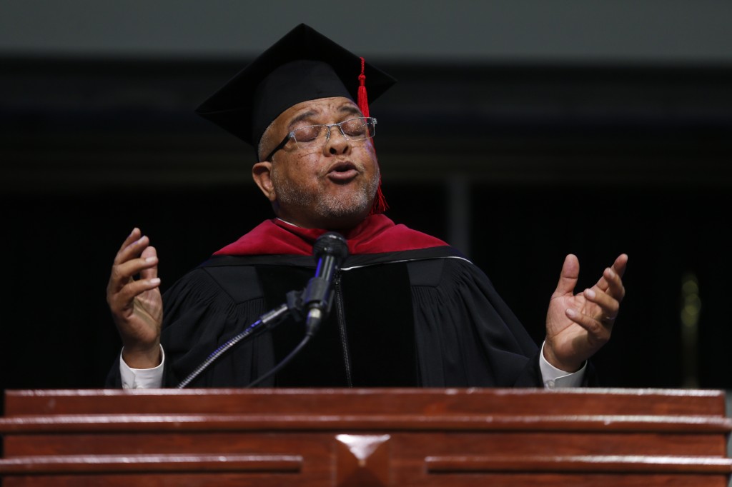 Commencement speaker Crudup encourages the crowd to "Be Darn Good".