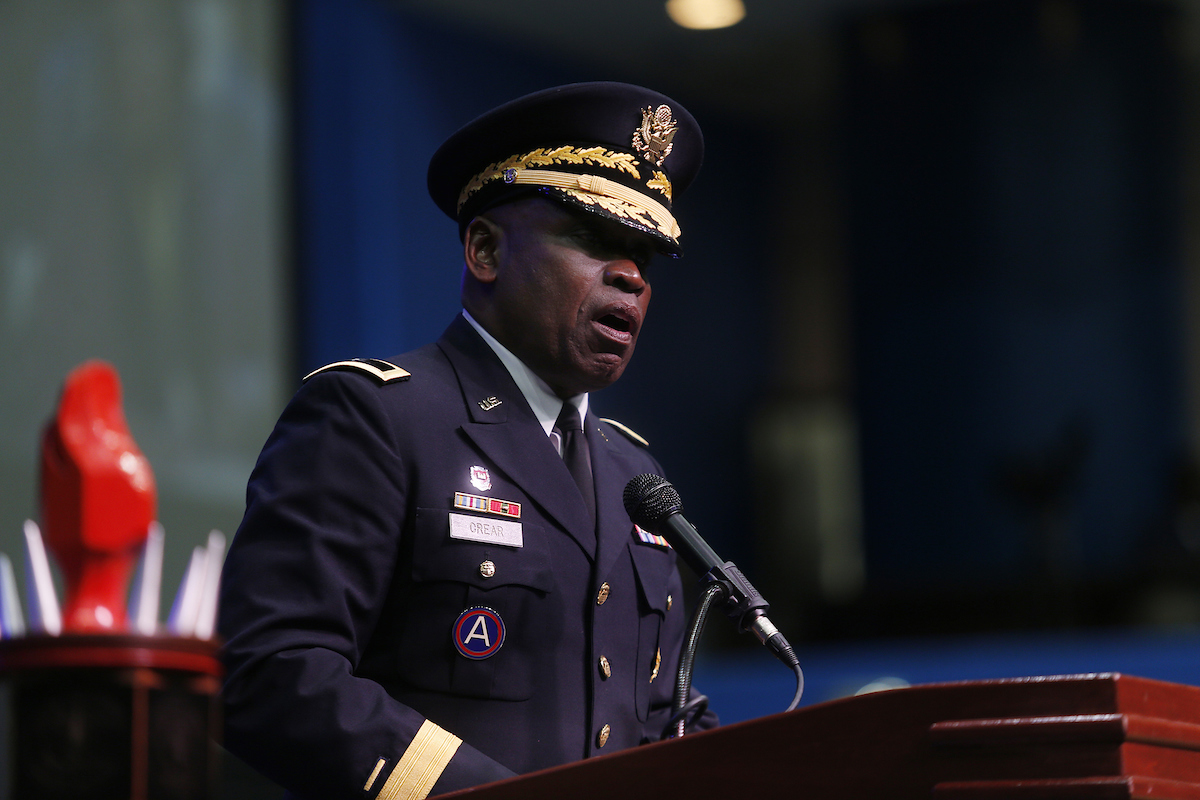 Brigadier Gen. (Ret.) Robert Crear, a 1975 JSU alum, said an ideal “life blueprint” always includes a foundation built on values. These include integrity, dignity and respect. (Photo by Charles A. Smith/JSU)
