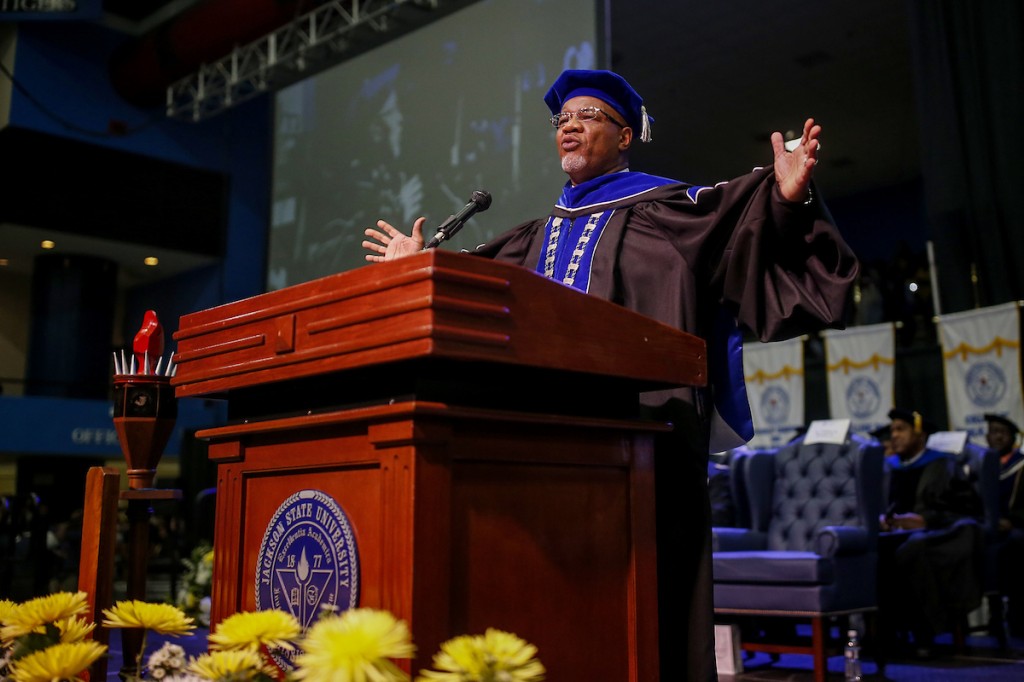 “Thank you, Lawdy.” Bynum salutes and extends well-wishes to graduates. (Photo by Charles A. Smith/JSU)
