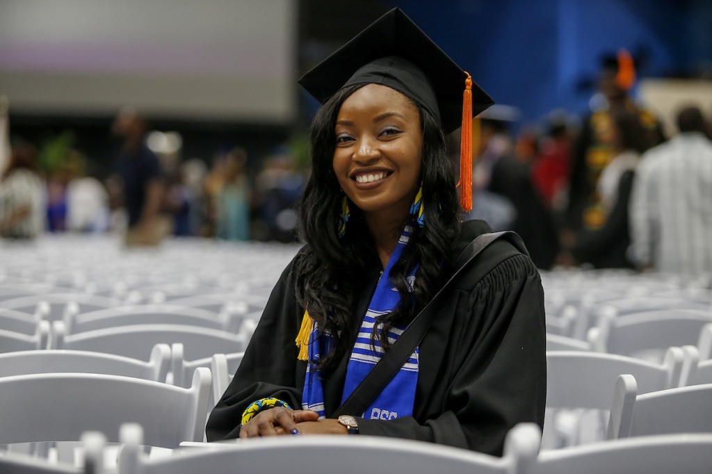 Katia Lele of Cameroon in Central Africa earned her bachelor’s degree in civil engineering in the College of Science, Engineering and Technology. She said graduation represents “closure” after many sleepless nights. (Photo by Charles A. Smith/JSU)