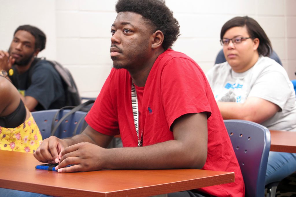 Students listen intently as Jeffrey Graves, attorney and JSU alum, discusses copyright laws, publishing and royalities. (Photo by Rachel James-Terry/JSU)