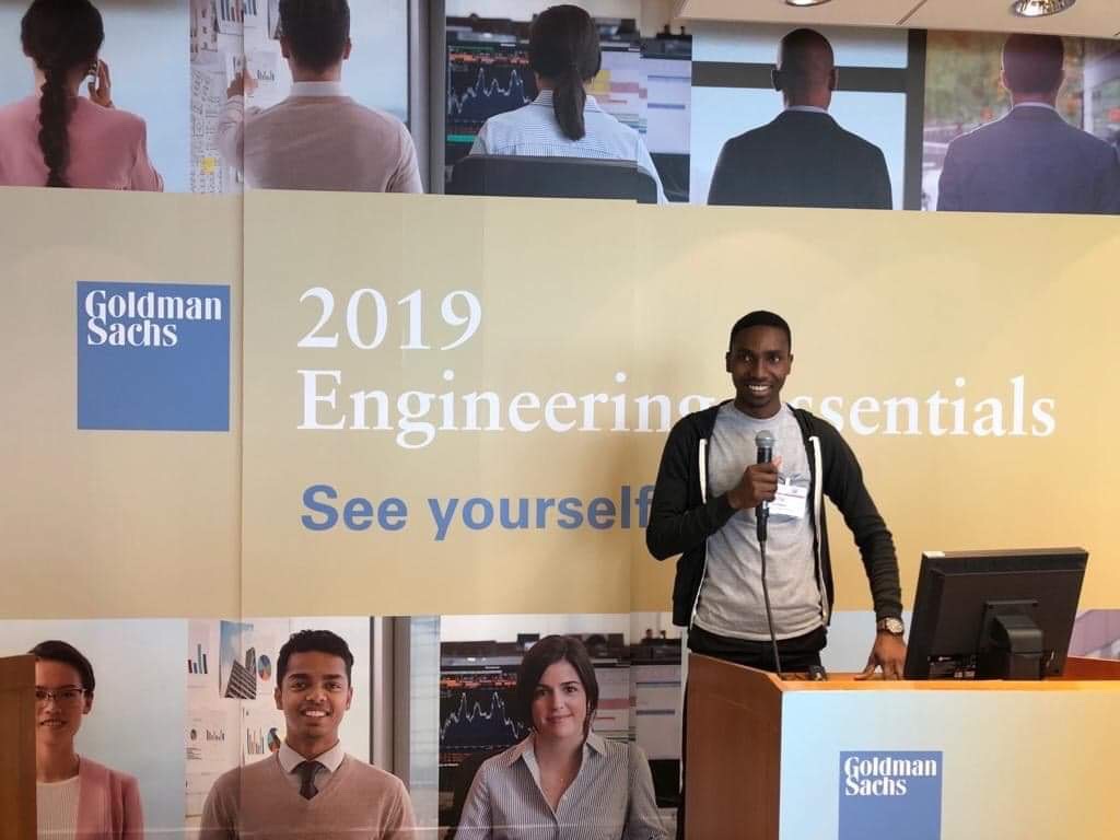 Ereyimwen, presents information from his team about an application used for the gathering stock market data. At JSU, he’s pursuing a double major in computer engineering and biomedical engineering.