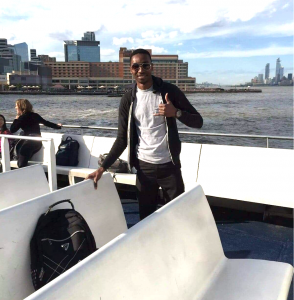 After his presentation, Ereyimwen ferries across New York Harbor.