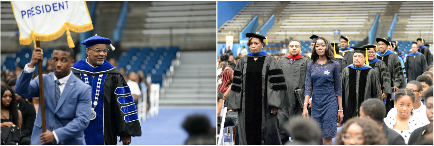 LEFT: JSU President William B. Bynum Jr. is escorted into the Lee E. Williams Athletics and Assembly Center by SGA President Jordan Jefferson.RIGHT: Associate Vice President for Student Affairs Dr. Susan Powell, left, along with Miss JSU Naysa Lynch, lead a processional of faculty and staff into the arena. (Photos by Darek Ashley/Special to JSU)
