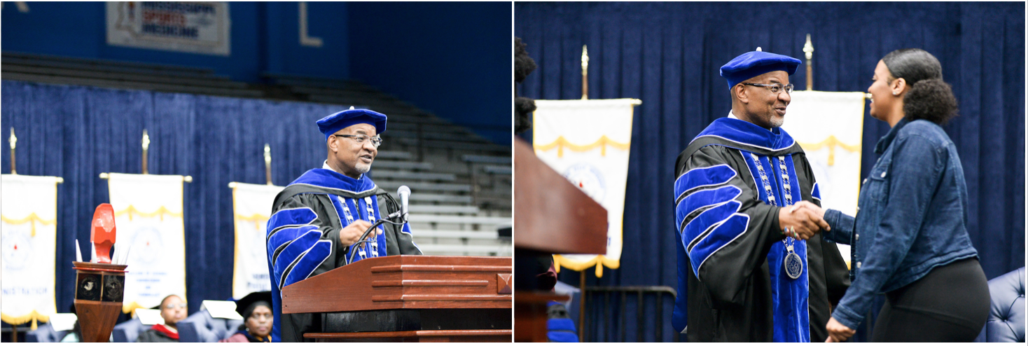 LEFT: Bynum discusses family, faith and future with freshmen and transfer students. Because of the importance of education, he admonished the career-seekers to choose their friends carefully over the next few weeks.RIGHT: Bynum greeted each of the more than 700 newcomers as they begin the next chapter of their lives as JSU Tigers. (Photos by Darek Ashley/Special to JSU)