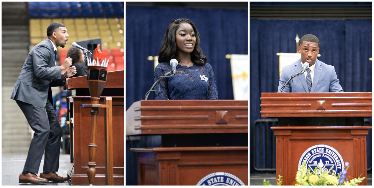 LEFT: Mister JSU Grant Broadway, left, a biology pre-pharmacy major: “College is a crazy and beautiful thing. Most importantly, it’s a journey to not only find yourself but to find your calling.” … We are kings and queens.”MIDDLE: Miss JSU Naysa Lynch, a business marketing major: “If you delight yourself in the Lord, he will give you all the desires of your heart. … You don’t always have to know how to get the end, but getting to the end just has to be the goal.”RIGHT: SGA President Jordan Jefferson, a political science major: “As long as you are alive and well, you have a chance to be all you can be. … You’ll need an attitude adjustment. … Nothing comes to a sleep but a dream.” (Photos by Darek Ashley/Special to JSU)