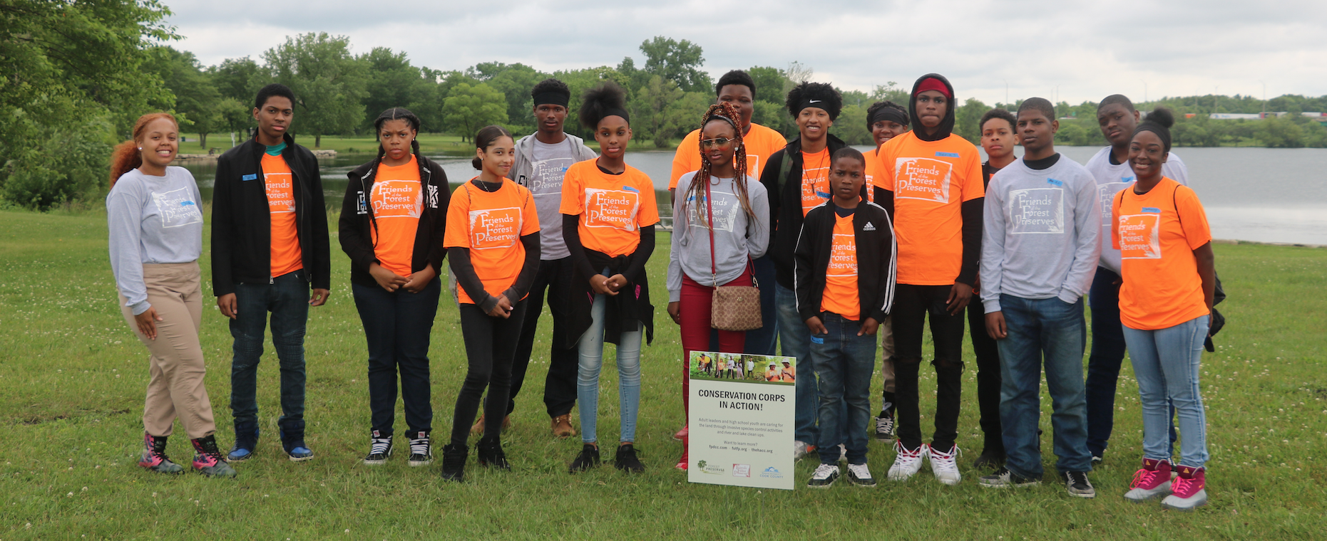 Jackson State University CSET student Antonio Richardson, fifth from left, just completed his annual pilgrimage to a forest in the Chicago area, where he helped Illinois teenagers learn about the environment and conservation. The 21-year-old team leader is studying industrial technology in the College of Science, Engineering and Technology and is a native of Illinois. He works with a forest preserve program in Cook County that provides a summer job to at-risk youth that is fun and educational, yet involves some labor.