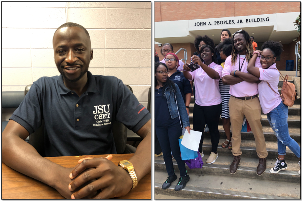 LEFT: JSU student Nelson Lanyuy was among the many popular mentors. He assisted students with math. Lanyuy is pursuing a double major in computer engineering and business administration. RIGHT: On the final day of the campus, students thank mentor Kendrick Walker, a Ph.D. student in the Big Data program, for assisting them. (Photo by L.A. Warren/JSU)