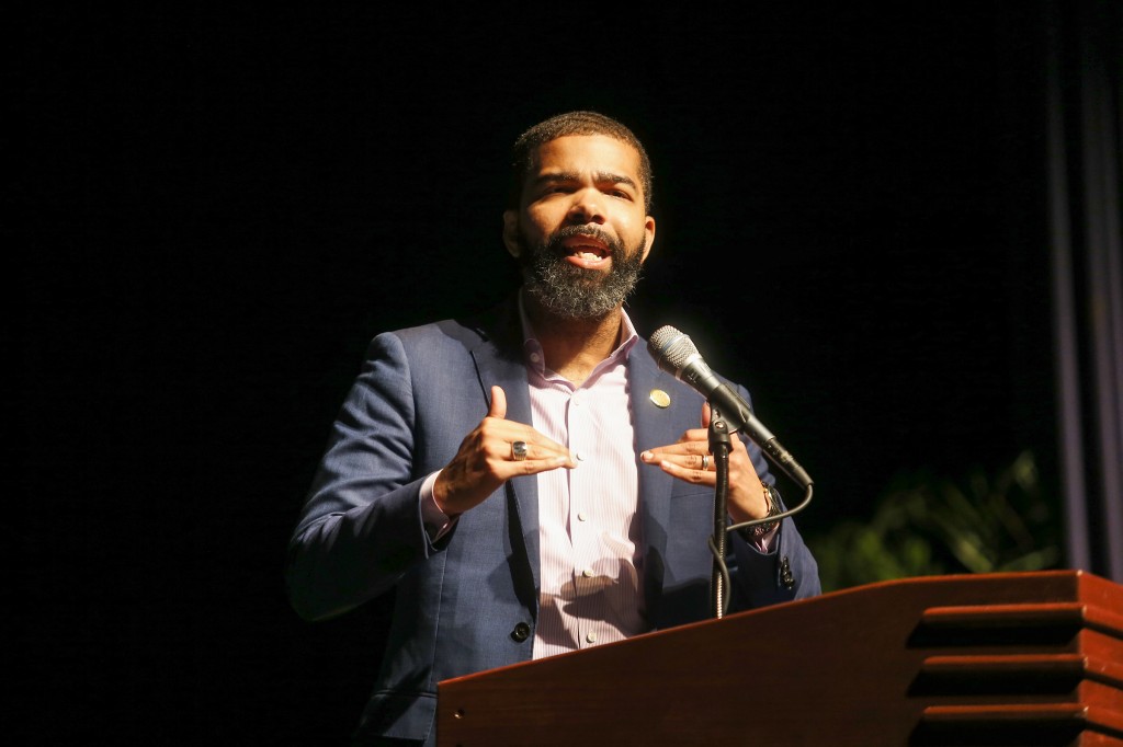 Chokwe Antar Lumumba, mayor of Jackson, gave greetings at JSU's Fall Faculty & Staff Seminar on August 8. The mayor said: "As an institutional asset of this city, a city that has declared its mission to be one of the most radical or thee most radical place on this planet, you must continue to serve as a market place of ideas." (Photo by Charles A. Smith)