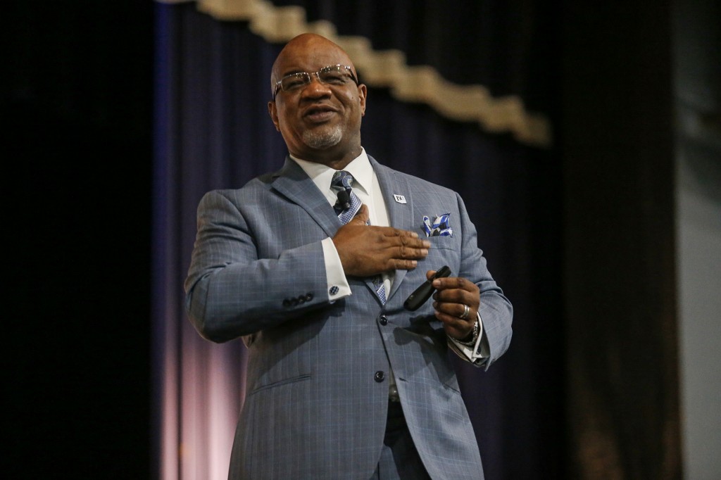 Dr. William B. Bynum Jr., president of Jackson State University, became emotional as he shared with employees his passion for higher education. (Photo by Charles A. Smith/JSU)