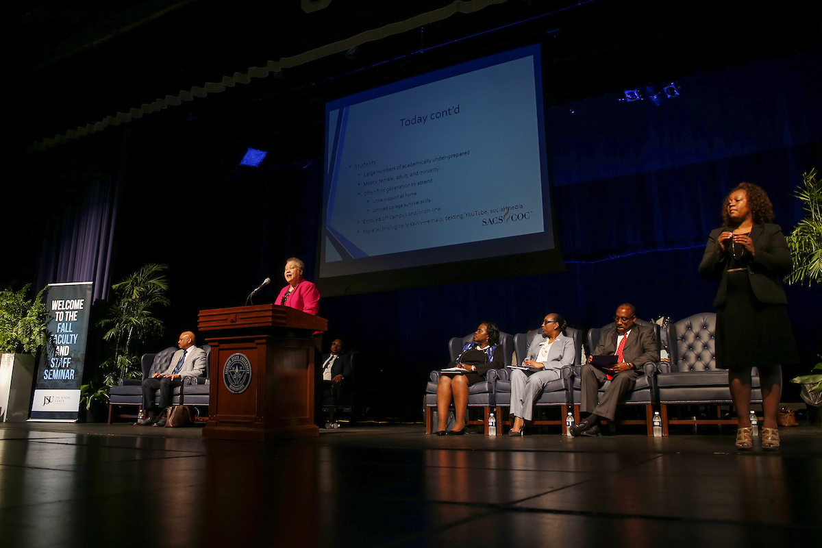 In her presentation, Wheelan said today’s faculty members “are more facilitators of learning than sages on the stage. There’s less lecturing and more discussion.” Meanwhile, she said today’s staff “still runs everything; still have all the answers on where to go to find folks; what the real deadlines are; and how to study and take exams.” As for today’s students, she said many are “largely under-prepared. We have many more students who hadn’t thought about college until the job market changed.” (Photo by Charles A. Smith/JSU)