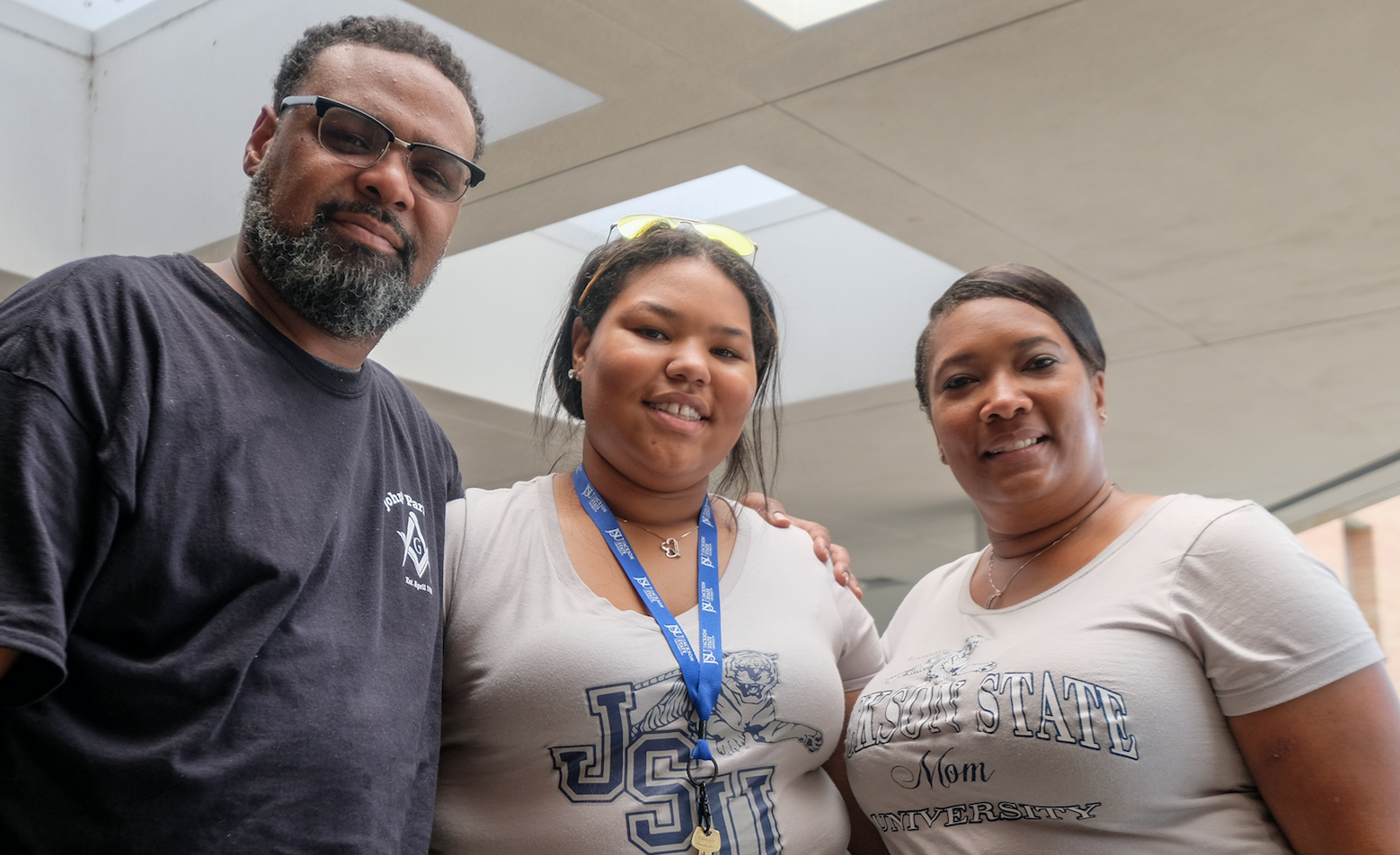 Pictured with her parents, St. Louis native Kayla James says, "I am looking forward to being away from home. My parents are going to miss me." (Photo by Charles A. Smith/JSU)