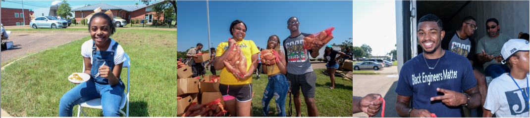 The 2019 annual Crop Drop hosted by Jackson State University and the Society of St. Andrew brought out a plethora of volunteers like Kamoryn Jenkins, 11, (far left) who said she is not a fan of sweet potatoes, but she is a fan of Jackson State. William Powell, right) a junior civil engineering major, shared that is was his first time attending the event, but he is happy he did. "Community service is really fun because you can network and meet people that you never knew before," he said. (Photos by Franshell Fort, Charles A. Smith and Rachel James-Terry/JSU)