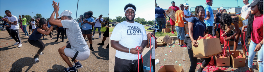 Students serve the community and have fun doing it at the 2019 Crop Drop held in the parking lot of Blackburn Middle School. Students (left) dance to the beats supplied by a DJ posted on site. James Kangar, (center), a senior business administration major, pauses from prepping bags for the sweet potatoes. A transfer student from Hinds Community College, Kangar said he loves that Jackson State makes sure students participate in community outreach. One student (right) stops to smile for the camera as she carries a box packed full of sweet potatoes. Photos by Charles A. Smith/JSU)