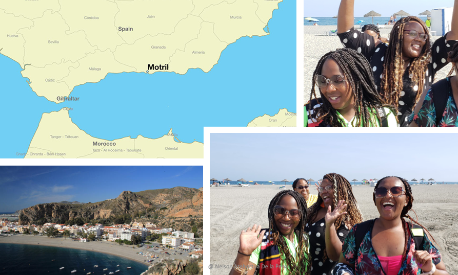 A map of Motril, Spain, shows its proximity to the Strait of Gilbratar as students frolic on the Motril Beach on the Mediterranean Sea.